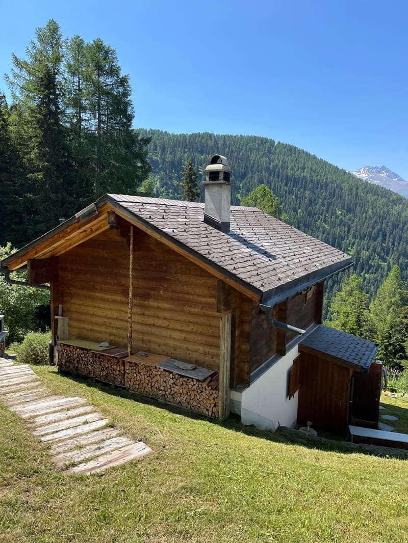 Wooden cabin with a stone chimney, surrounded by trees and mountains. The cabin has a stack of firewood next to it, indicating the presence of a fireplace. There also appears to be a parking area or space near the cabin.