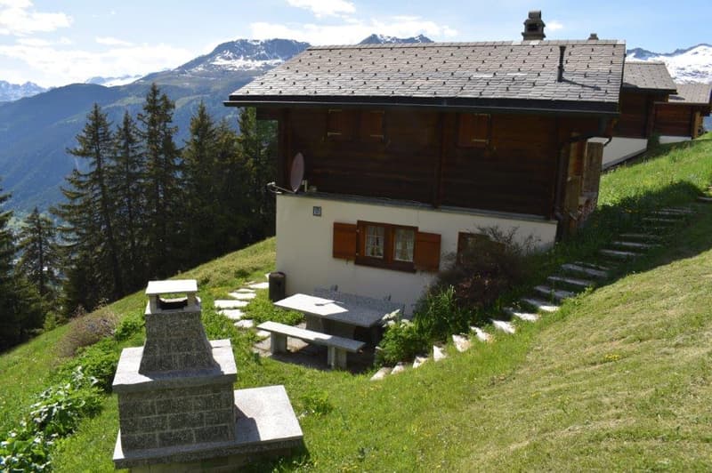 Wooden chalet-style house on a hillside, with a stone patio and outdoor seating area. The house has a tiled roof and shuttered windows. There is a small parking area in front of the house. The surrounding landscape includes pine trees and snow-capped moun