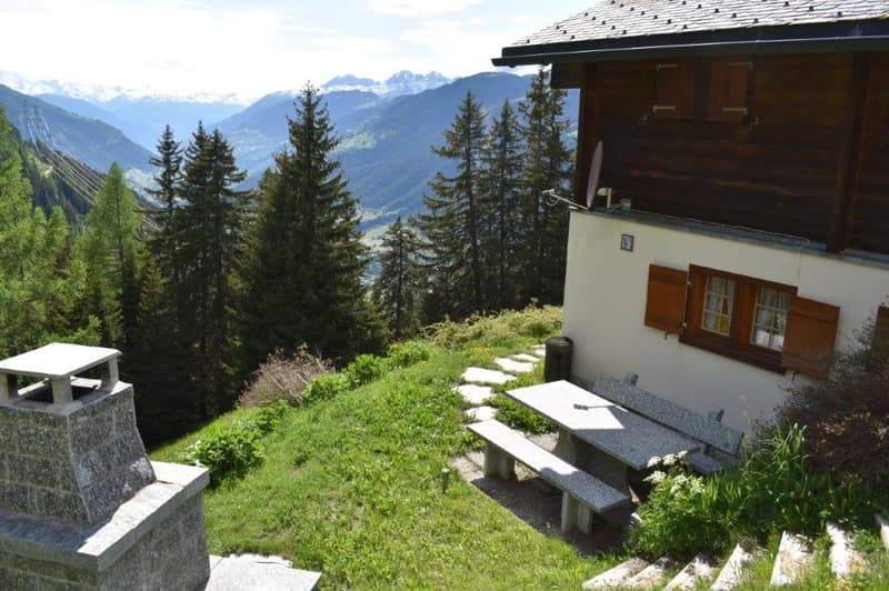 Wooden chalet-style house with a balcony, surrounded by lush green trees and mountains in the background. There is a patio area with a table and benches in the foreground.