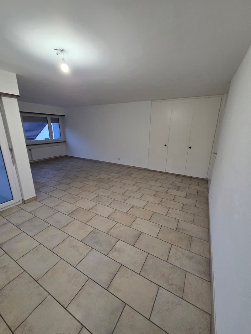 empty room, white walls, beige tile floor, white wardrobe, glass door, window, light on the ceiling