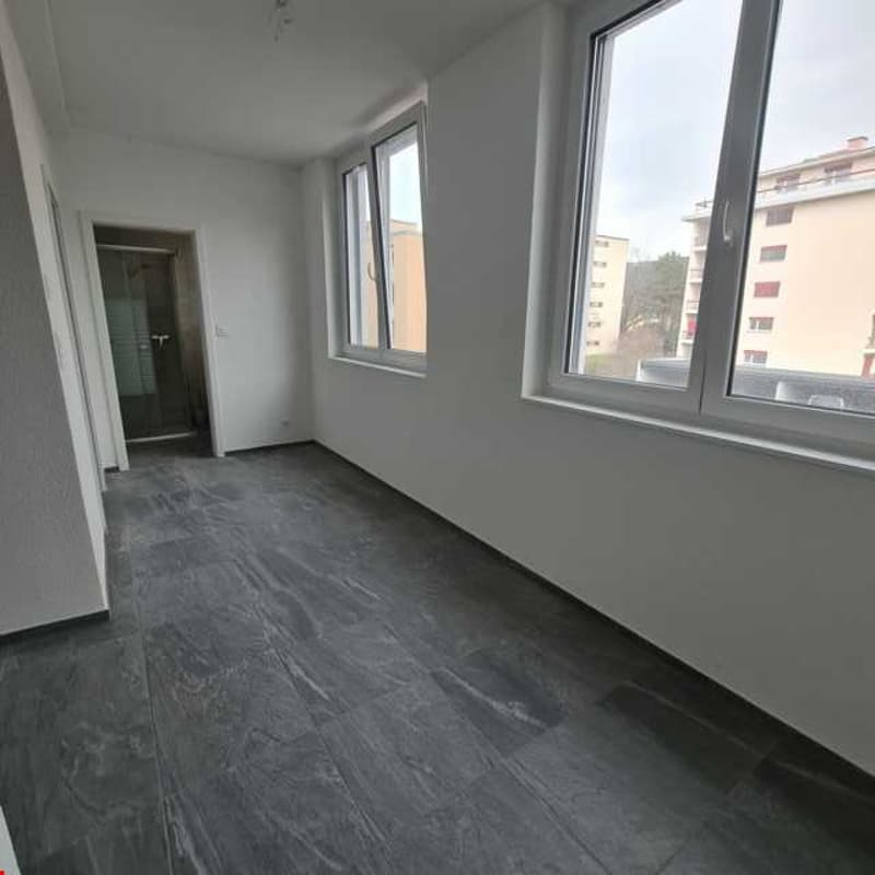 empty room, white walls, gray laminate floor, two large windows, an open door to a glass room