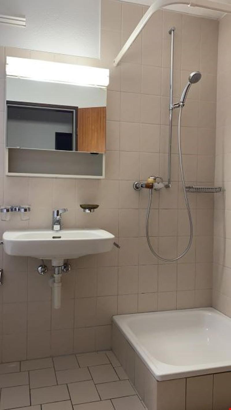 Bathroom: Showerhead, mirror, sink, bathtub