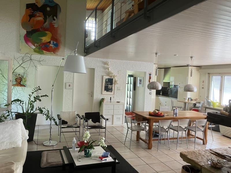 Living room with couch, lamps, wooden table, chairs, paintings, potted plants, cabinets, refrigerator, microwave, kettle, picture frame, kitchen area with countertop, oven, sink