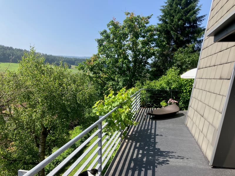 balcony with metal railings and green plants, a lounge chair, panoramic view of the landscape