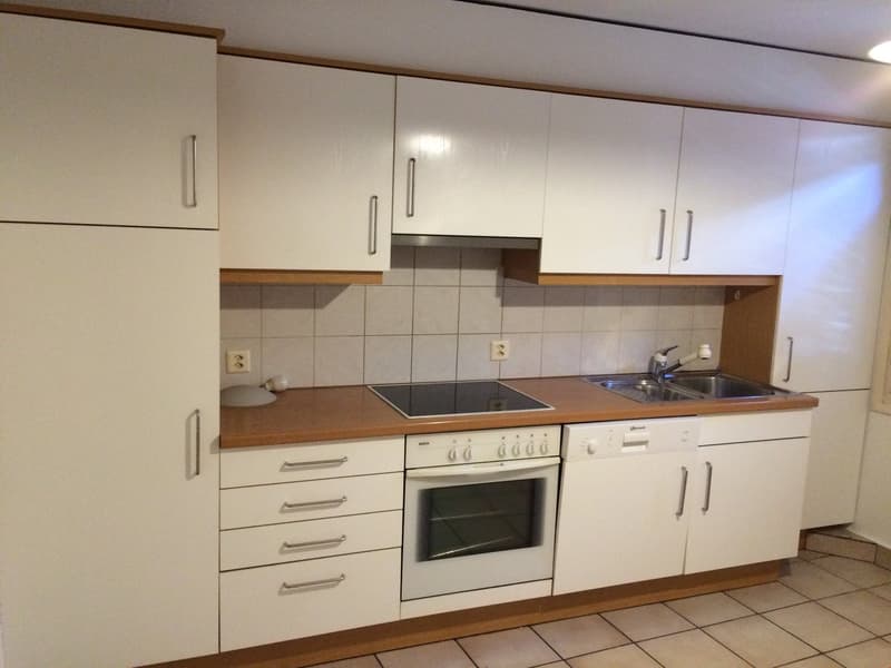 white cabinets, wooden countertops, integrated oven, gas stove, sink, dishwasher