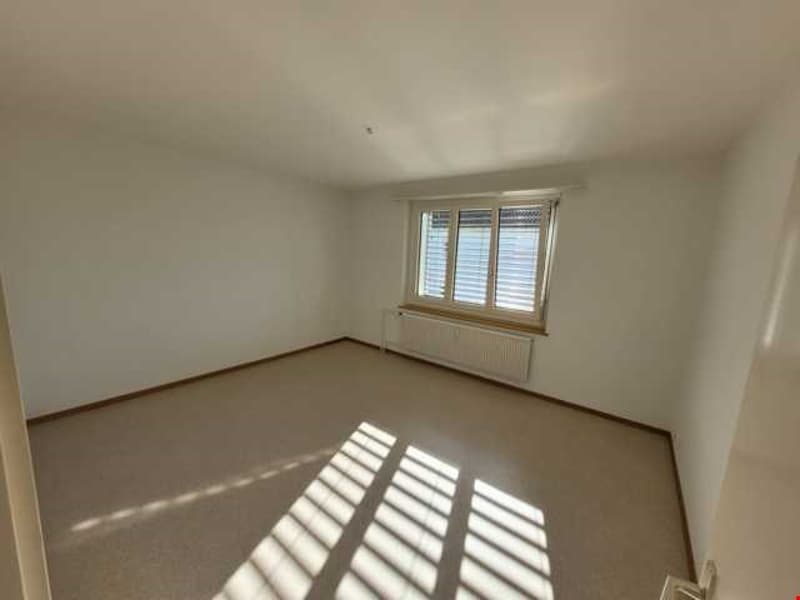empty room, white walls, carpeted floor, window with blinds, radiator