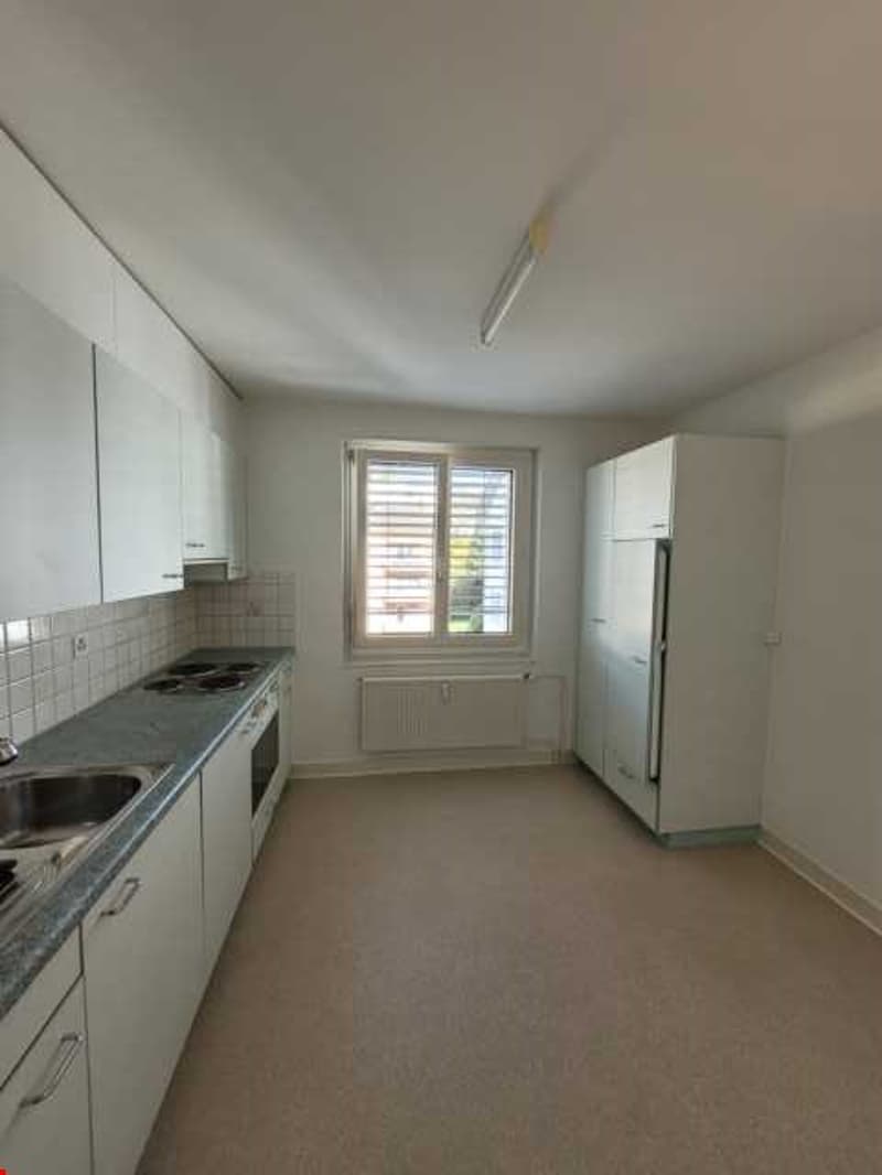 modern kitchen, white cabinets, granite countertop, 2 sinks, oven, fridge, window