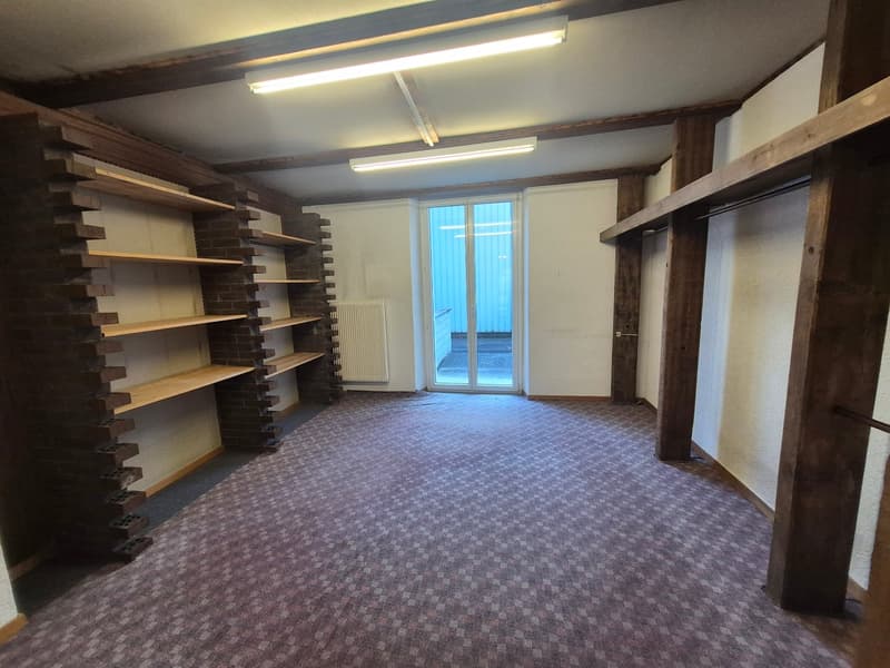 Empty room with wooden shelves, white walls, ceiling lights, glass door, and a heating radiator.