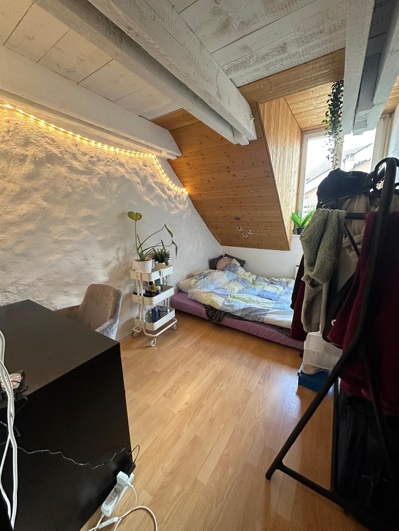 small bedroom with bed, desk, chair, shelf, plants, wooden floor, wooden ceiling