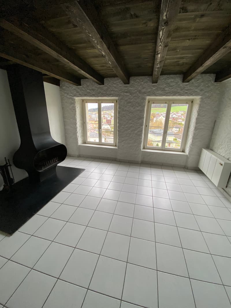white tiled floor, wooden ceiling, fireplace, windows with view