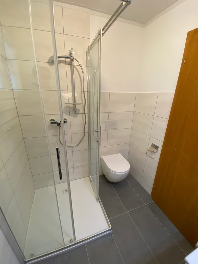 modern bathroom with shower, toilet, and tiled walls