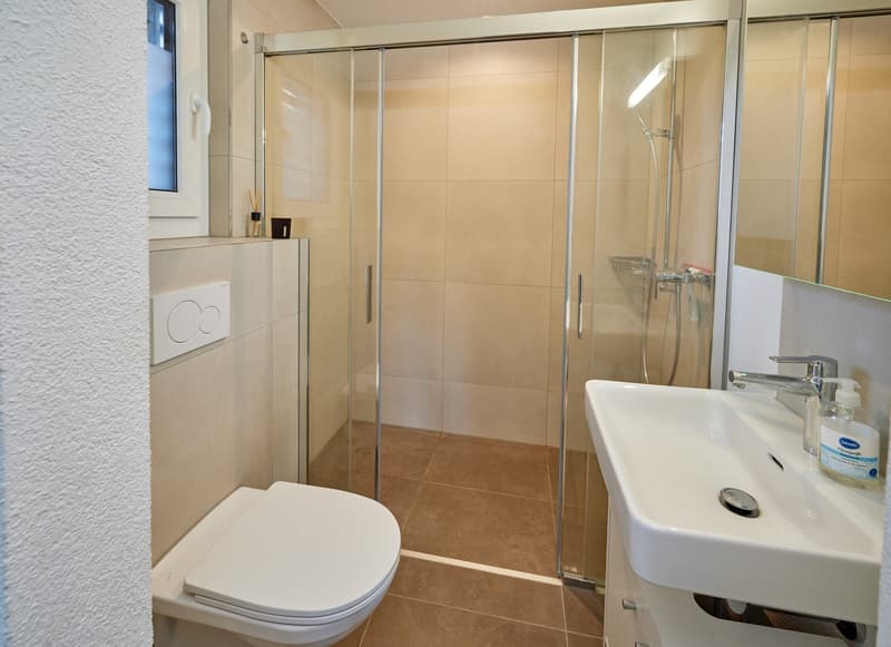 modern bathroom with glass shower, toilet, sink, and cabinets