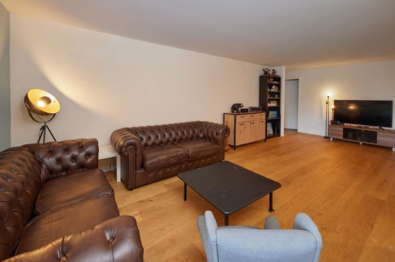 living room with wooden floor, two brown leather sofas, a coffee table, a TV, a lamp, a cabinet, and a bookshelf