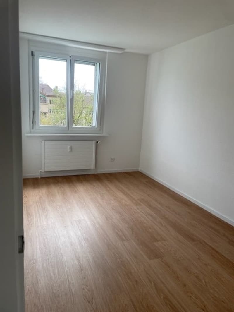 empty room, wooden floor, white walls, large window, white radiator