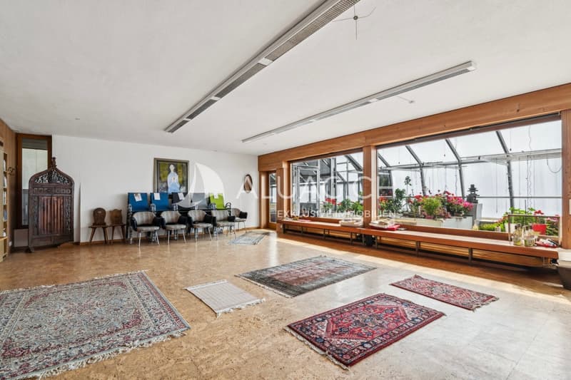 Hier der multifunktionale Raum mit 120 m2 Fläche im Anbau vom UG, angrenzend das verglaste Gewächshaus.