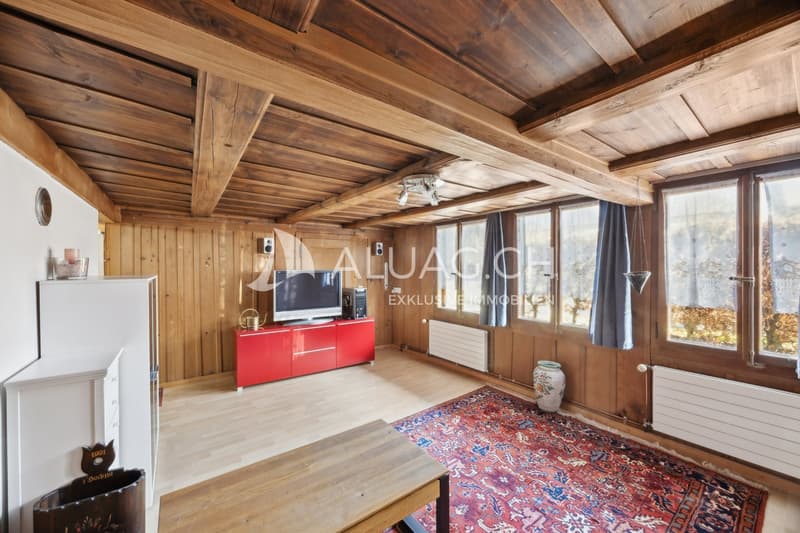 Trotz der nostalgischen Bauweise, viel Licht im Wohn und Schlafzimmer dank der grossen Fensterfront
