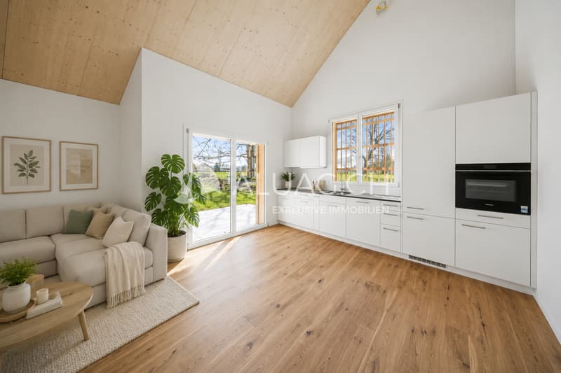 Moderne Küche mit grosser Küchenzeile und direktem Terrassenzugang, für Sie digital eingerichtet