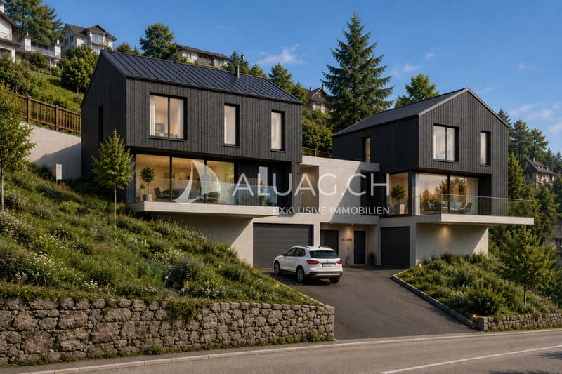 Modernes Doppelhaus mit solider Fassade und charmantem Holzbau