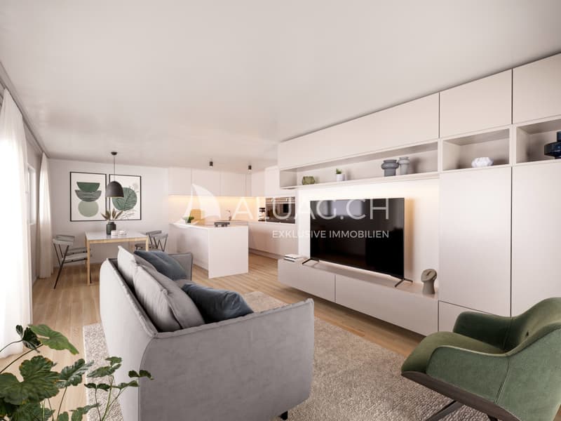 Modernes, lichtdurchflutetes Wohn- und Esszimmer mit offener Küche.