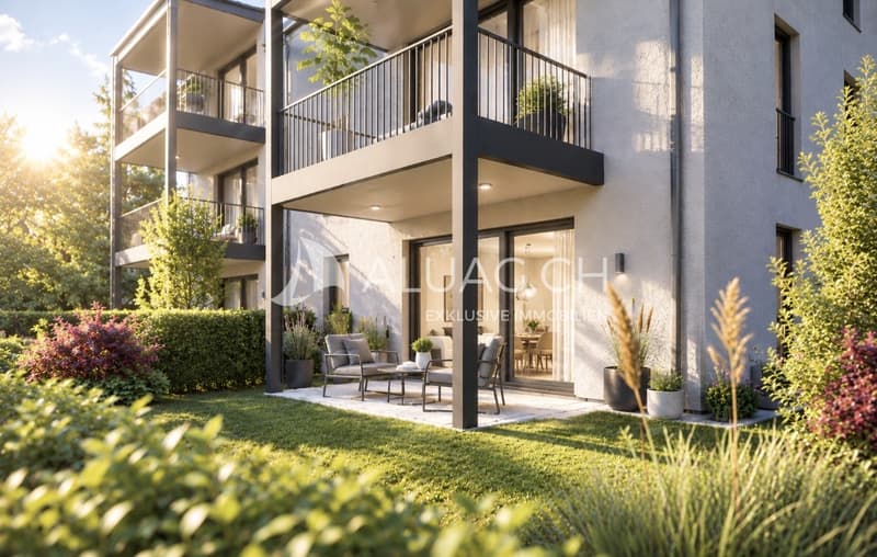 Gedeckter Sitzplatz mit Gartenanteil wie im Einfamilienhaus.