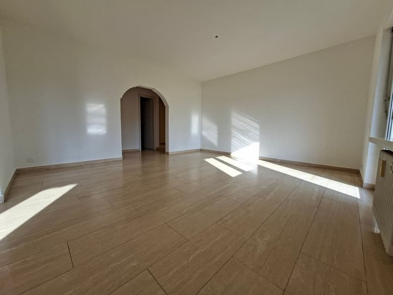 empty room, wooden floor, white walls, arched doorway, power outlet, window