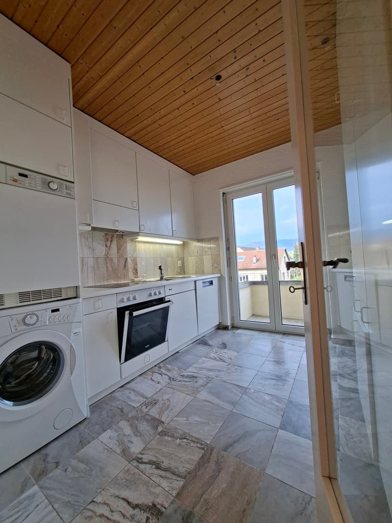 modern kitchen, white cabinets, granite countertops, dishwasher, washing machine, oven, sink, wooden ceiling