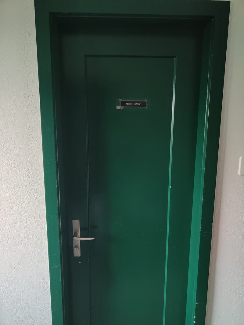 green steel door with metal handle and lock and name label Nadesu Coffreur