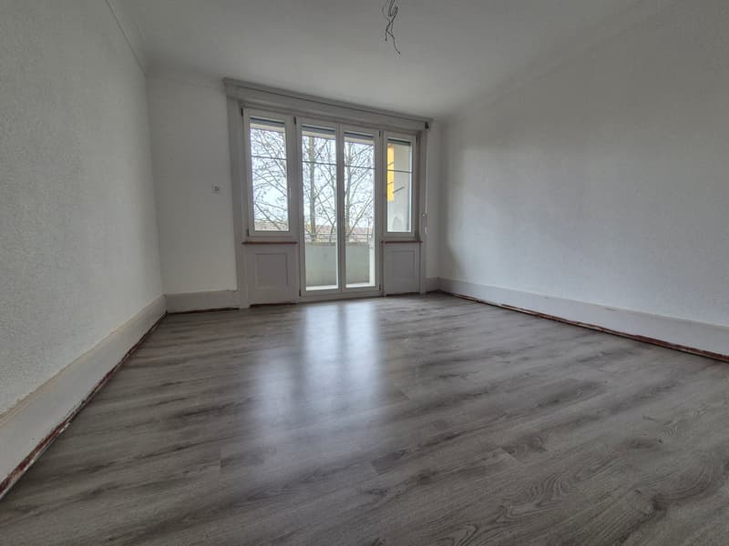empty room, sliding glass door, wooden laminate flooring, white walls, ceiling