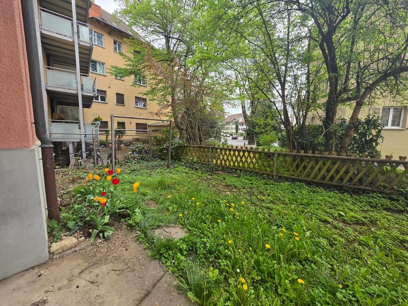 A small garden with a wooden fence, yellow and red flowers, and a path leading to the entrance of a building.