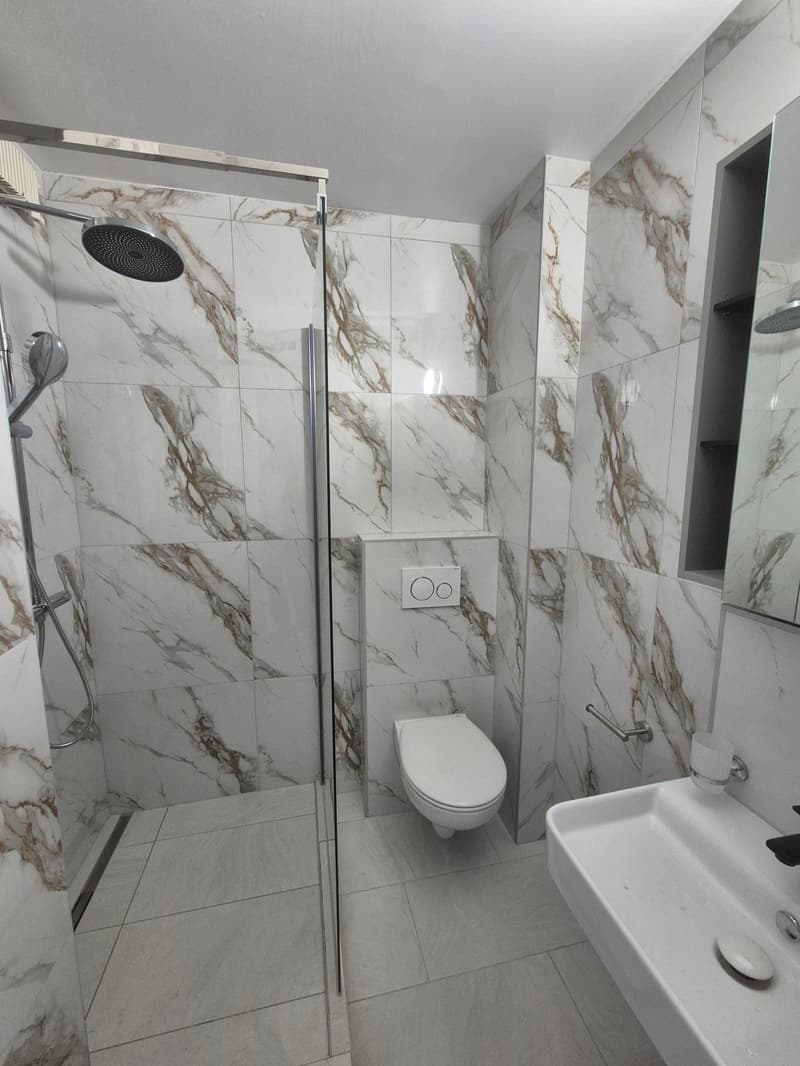 shower cubicle, toilet, sink, marble walls, floor