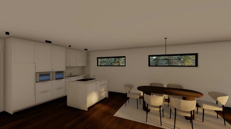 kitchen, dining room, living room, kitchen cabinets, modern design, wooden flooring, large windows, dining table, dining chairs