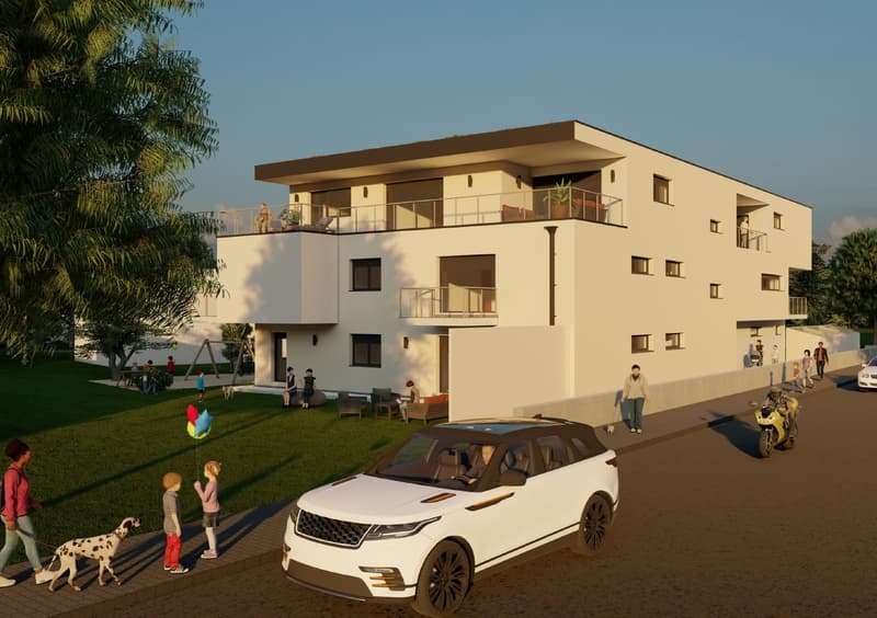 modern design white house, multiple balconies, car parked on the street
