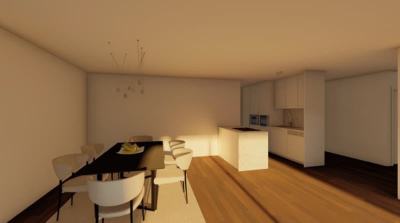 dining room with wooden floor, table, chairs, kitchen with oven, cabinet, and sink