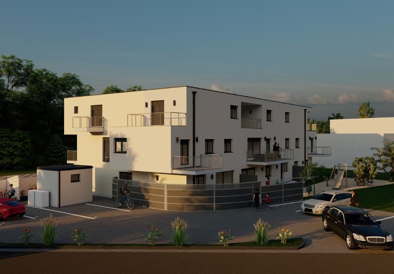 two story building, white facade, balconies, multiple parking places