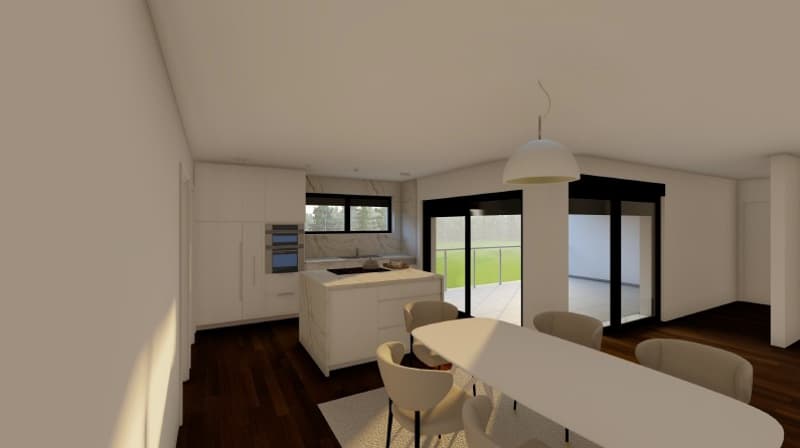 white island kitchen, modern dining room, large windows, terrace