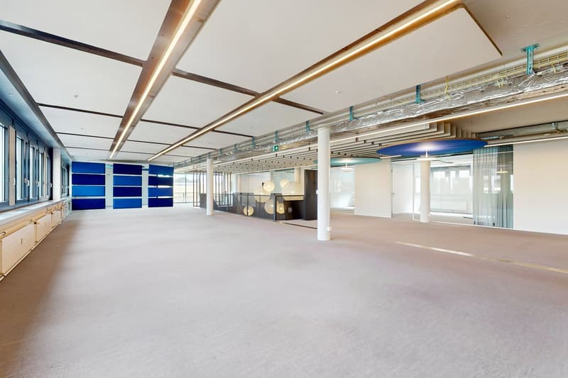 Large open-plan office space with high ceilings, exposed beams, and modern lighting fixtures. The space features white walls, a concrete floor, and blue accent panels on the walls. The room appears to be empty and ready for use.
