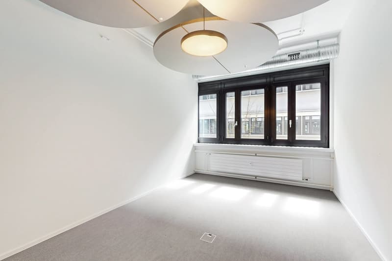 This image shows a spacious, well-lit room with white walls and a large window. The room has a modern, minimalist design with a circular light fixture hanging from the ceiling. The floor appears to be covered in a light-colored carpet or flooring. The roo