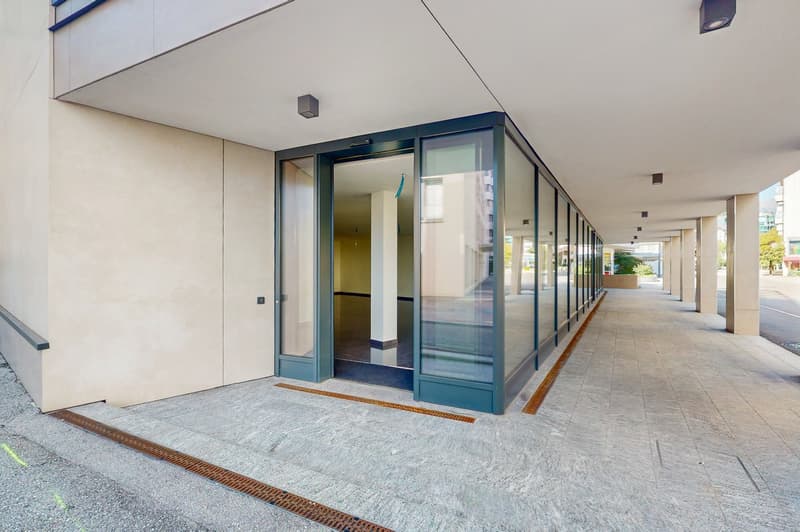 Glass entrance with a raised ground floor