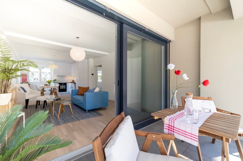 Open living room with balcony, blue sofa, wooden table, flowers, wooden chairs, carpet, plants
