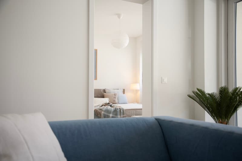 living room with a couch, a bedroom with a bed, a lamp, and a plant