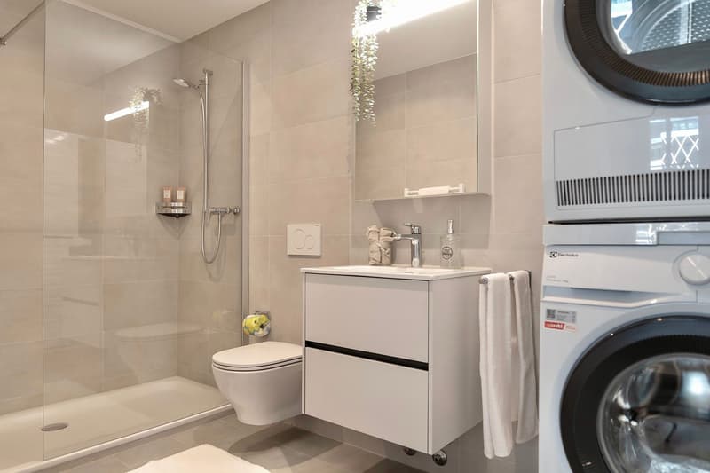 modern bathroom with shower, toilet, sink, and washing machine