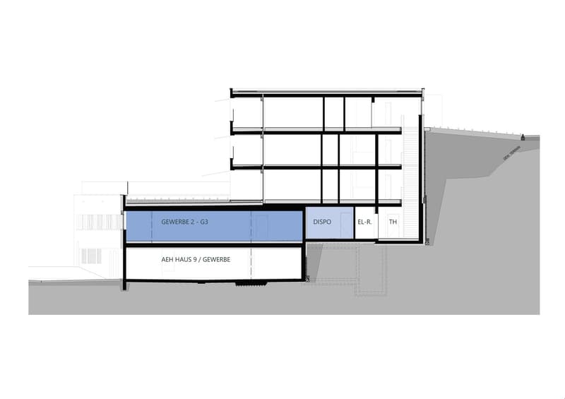 Ground floor, commercial space, two office spaces, lobby, stairs, terrace