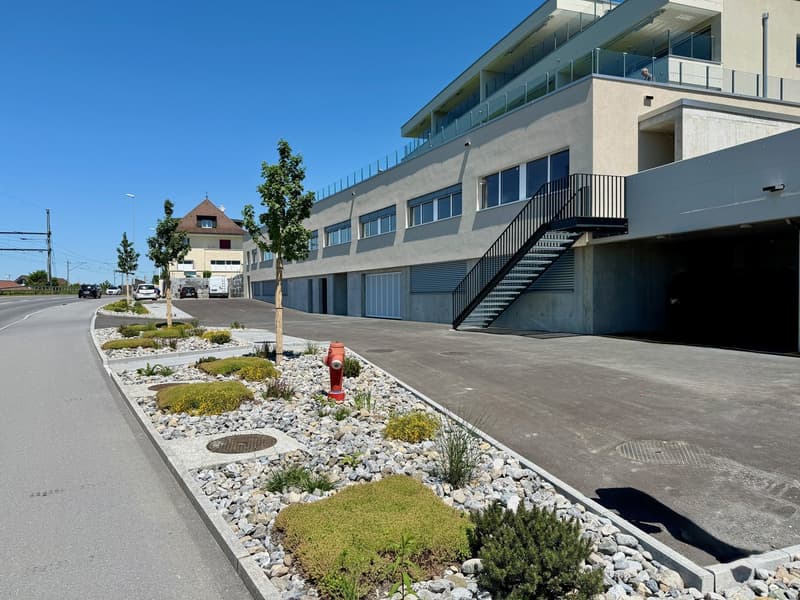 Modern apartment building with garage entrance, stairs, parking area, fire hydrant, plants, and curbs.