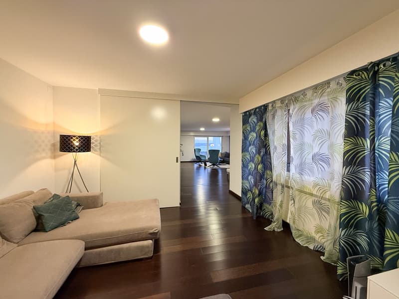modern open-plan living and dining room, hardwood floors, windows, couch, floor lamp, kitchen table, chairs