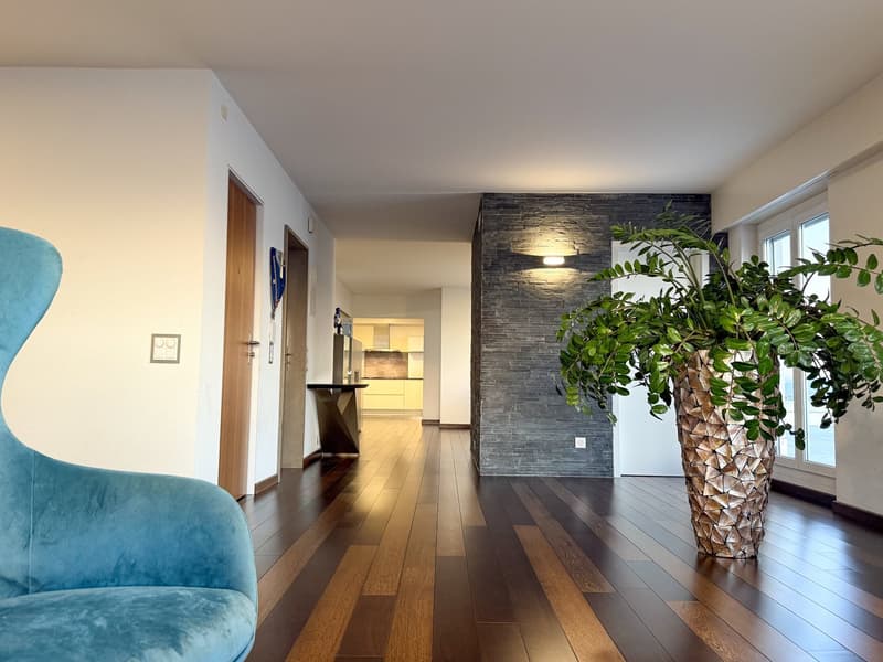 wooden floor, white walls, blue armchair, black console table, black stone wall, glass windows, large plant