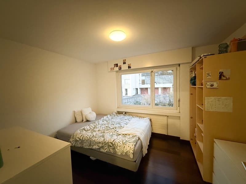 single bed, 2 pillows, bedspread, ceiling light, wardrobe, shelves, desk, window, radiator