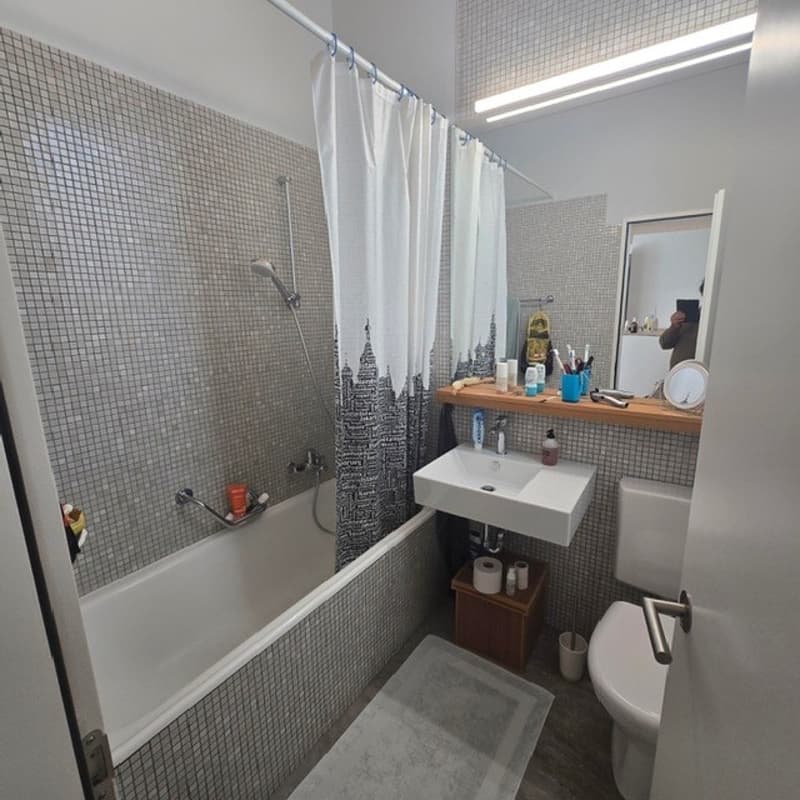white bathtub, shower head, white sink, silver toilet, grey floor mat, wooden shelf, mirror, bathroom fixtures