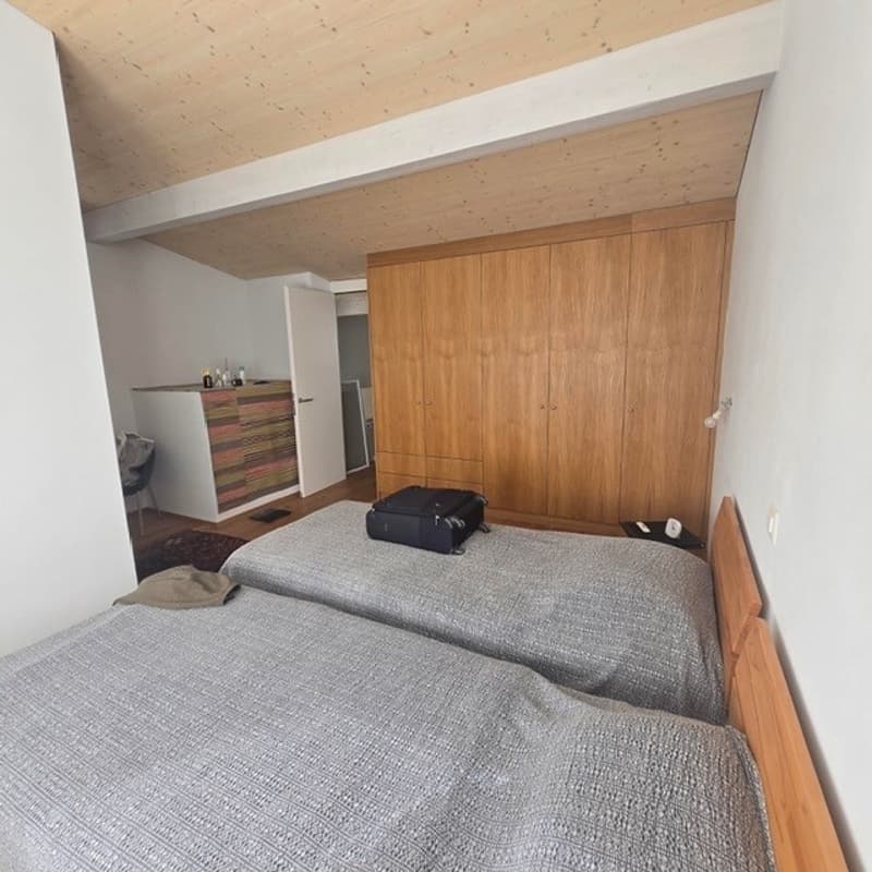 Two beds with wooden headboards, wooden wardrobes, ceiling lamp, floor lamps