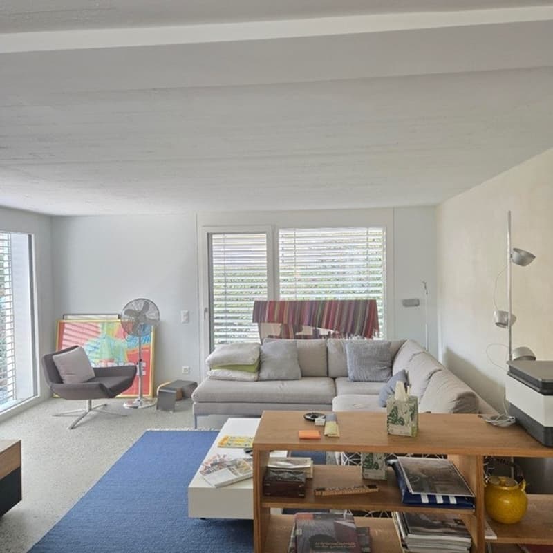 modern living room with white walls, grey couch, wooden coffee table, blue carpet, modern art on wall, large windows with blinds