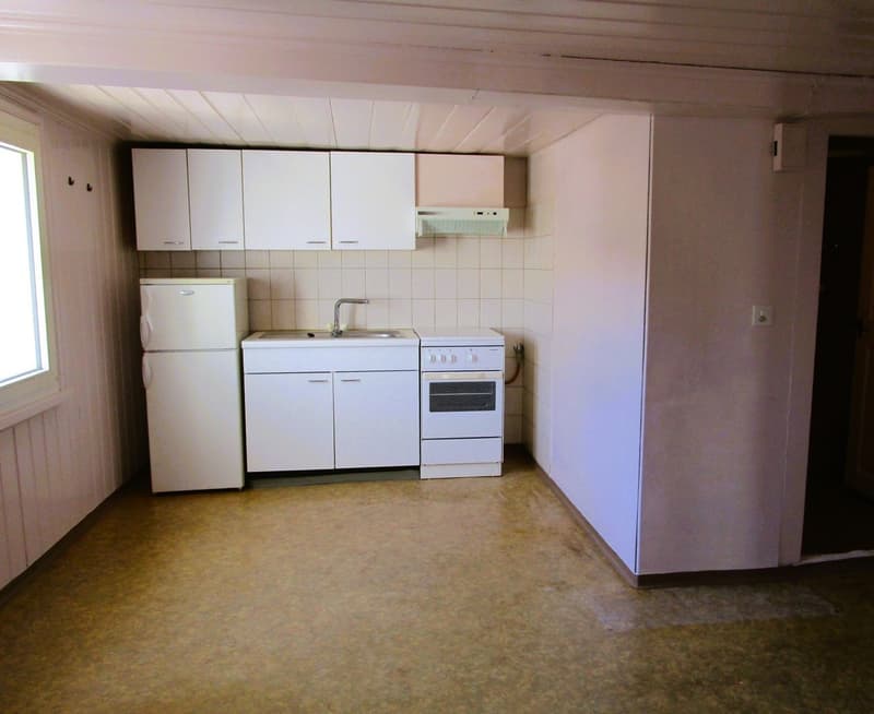 Modern white fitted kitchen with sink, electric oven, dishwasher, refrigerator, wall cabinets, floor and ceiling.